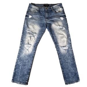 WT02 Distressed Straight Leg Jeans Men´s Size 34 Fits 34x29 Blue Faded Look Vtg